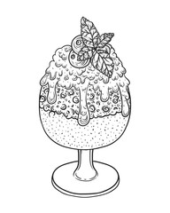 Ice cream with chocolate sauce in a glass. Hand drawn doodle illustration