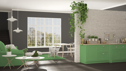 Scandinavian white, green and gray minimalist living with kitchen, open space, one room apartment, classic interior design