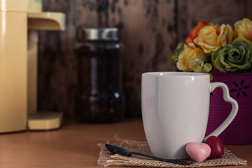 Cup on the wooden table.