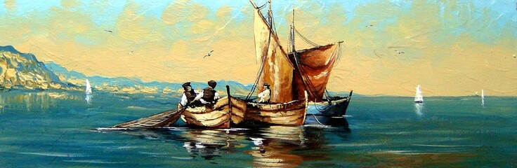 Fisherman, ships, boat, sea landscape, oil paintings - obrazy, fototapety, plakaty