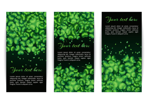St. Patricks Day set of vertical banners with clover leaves on a dark green background
