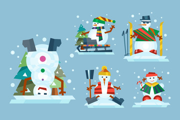Winter holidays snowman cheerful character in cold season costume and snow xmas celebration greeting december joy ice icon vector illustration.