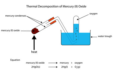 Fully labelled illustration of thermal decomposition of mercury oxide