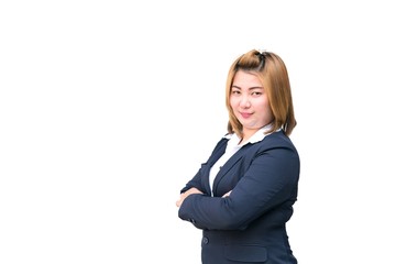 Business people concept : Young fat Asian business woman 20 - 30 year-old cross one's arm and her smiling on white background with copy space.