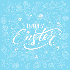 Easter decorative eggs with patterns on blue background