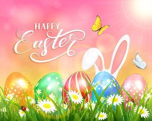 Happy Easter on pink background with bunny and eggs