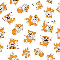 Vector seamless pattern of cartoon ginger cats. Isolated on white background. You can use this ornament for printing on textile or gift wrap and wallpapers.