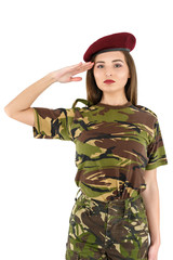beautiful young woman soldier in military camouflage outfit