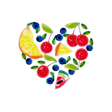 Heart on a white background. Different berries. Multicolored. Health. Vitamins. Food.