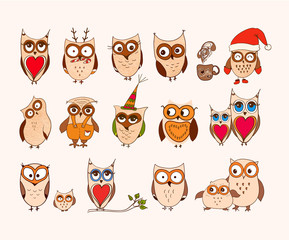Set of cute owls. Vector cartoon owls and owlets birds isolated on white background.