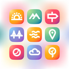 Simple modern colorful icons. Travel theme sign set.