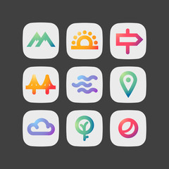 Simple modern colorful icons. Travel theme sign set.