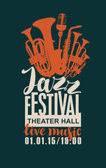 Template Poster for jazz festival with saxophone, wind instruments and a microphone