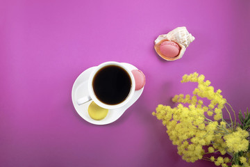 Macaroons mimosa flowers and sea shells with a cup of coffee on pink background
