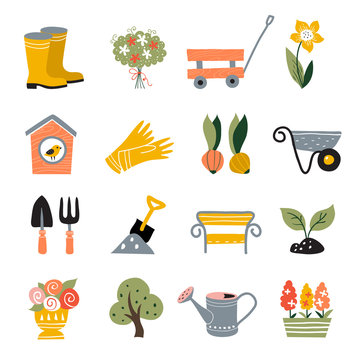 Gardening icons, hand drawn style, vector illustration