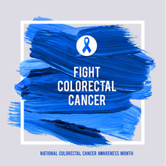 CLORECTAL Cancer Awareness Creative Grey and Blue Poster. Brush Stroke and Silk Ribbon Symbol. National Colon Cancer Awareness Month Banner. Brush Stroke and Text. Medical Square Design