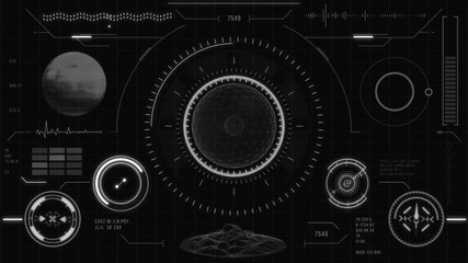 Futuristic user interface with HUD and infographic elements. Virtual technology background. Head-up display template for business, games, motion design, web and app. Spherical objects, planet.