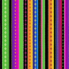 Seamless ethnic mexican fabric pattern with colorful stripes. Repeat straight blue, red, green, yellow, black, violet stripes texture background, vector.