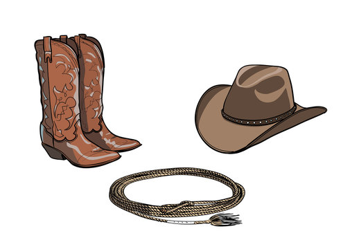 Cowboy horse equine riding tack tool. Western boot, hat, lasso rope. Hand drawing cartoon vector illustration. 