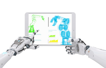 Naklejka premium robotic hand working with digital tablet
