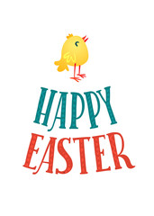 Happy Easter Greeting Card. Lettering and Chicken. Congratulations on the Holiday.
