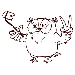 Owl hipster with glasses makes selfie on phone. Line draw, hand-drawn contour on a white background for children coloring.
