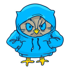owl in blue hoodie  Line draw, hand-drawn contour on a white background