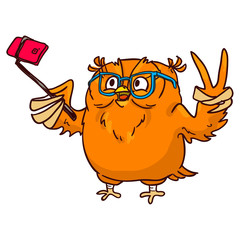 Owl hipster with glasses makes selfie on phone