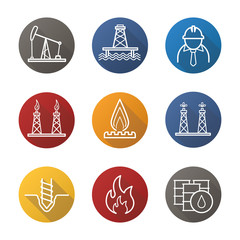 Oil industry flat linear long shadow icons set