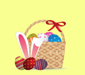 Happy easter day design Basket of easter eggs with rabbit ears