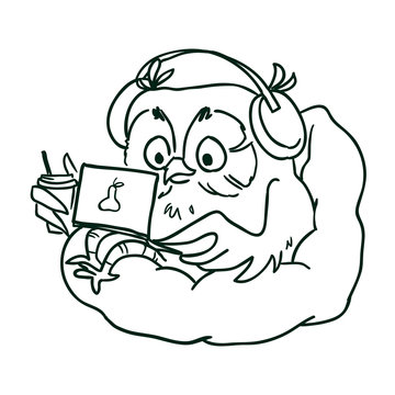 Owl in headphones with a laptop sitting in bean bag chair and drinking a latte. Line draw, hand-drawn contour on a white background for children coloring.