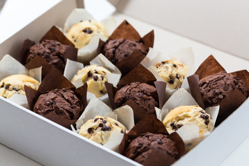 Chocolate and vanilla muffins with chocolate chips in delivery box, selective focus