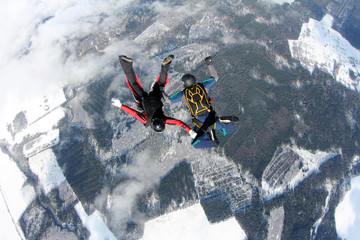 Two skydivers are training in the winter sky