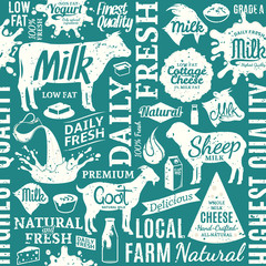 Fototapeta premium Retro styled typographic vector milk product seamless pattern or background