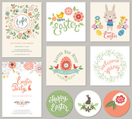 Happy Easter templates with eggs, flowers, floral wreath, rabbit and typographic design. Good for spring and Easter greeting cards and invitations.