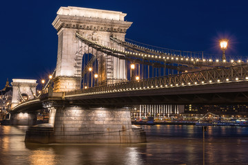 Budapest Chain bridge (Szechenyi lanchid) at twilight blue hours, one of the most popular tourist destination in Europe