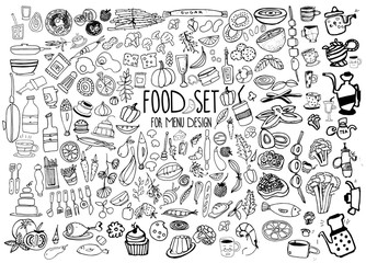 Hand drawn food elements. Set for menu decoration. 