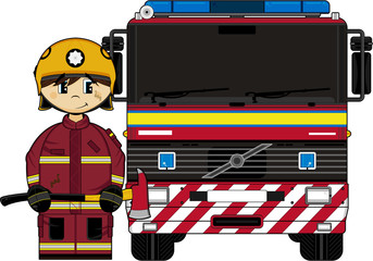 Cute Cartoon Fireman and Fire Engine - 140486065