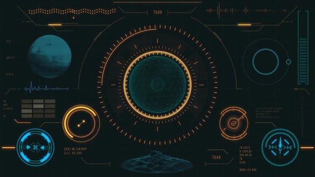 Futuristic user interface with HUD and infographic elements. Virtual technology background. Head-up display template for business, games, motion design, web and app. Spherical objects, planet.