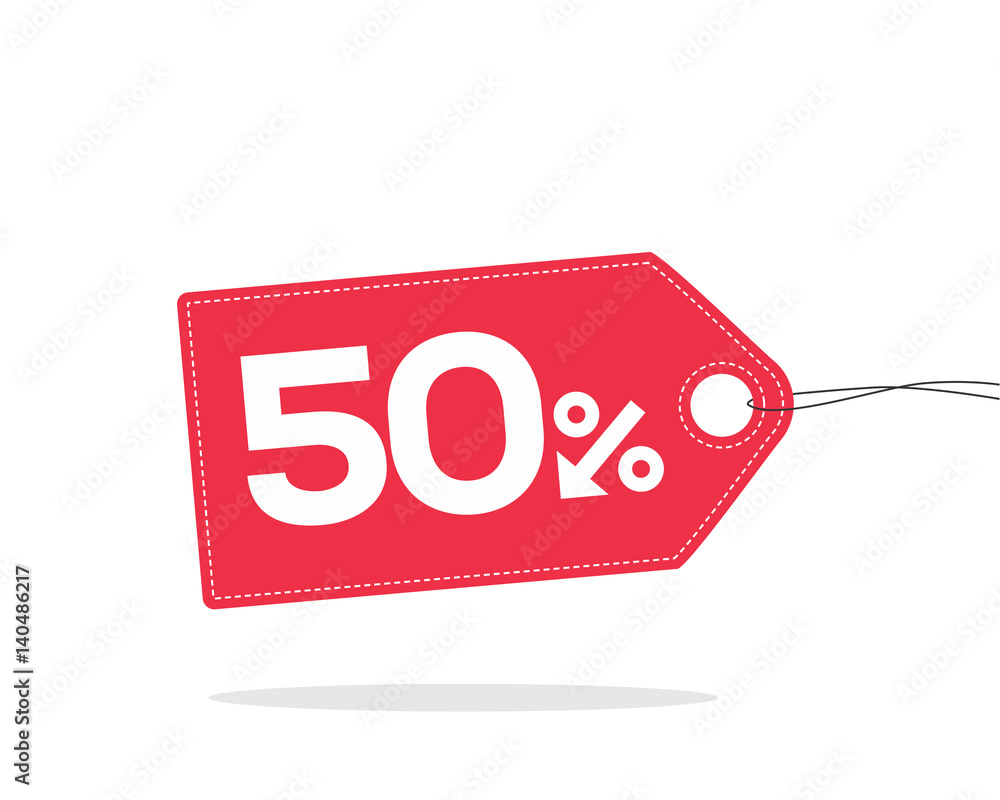 Sticker Red price tag label with 50% text designed with an arrow percent icon and stitches on it with shadow isolated on white background. For sale campaigns.