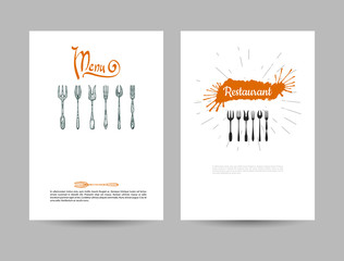 A set of two backgrounds. Illustration with the word "menu", A set of forks. "restaurant". They can be used as templates for creating menus, printing design for the restaurant, or your design.