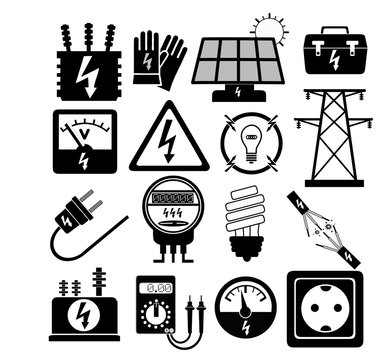 A 16 piece electrical industry icon set on a white background