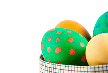 Colorful easter eggs close up on wood desk