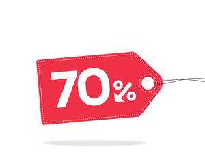 Red price tag label with 70% text designed with an arrow percent icon and stitches on it with shadow isolated on white background. For sale campaigns.
