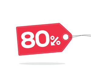 Red price tag label with 80% text designed with an arrow percent icon and stitches on it with shadow isolated on white background. For sale campaigns.