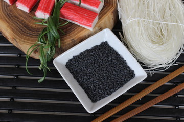 preparing sushi, making sushi, preparing japanese food, making japanese food, surimi, black sesame, sesame, black sesame for sushi, wasabi, rice noodles, special rise for sushi, sushi rice, 