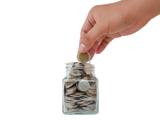 Glass jars with coins on reflective surface isolated on white.