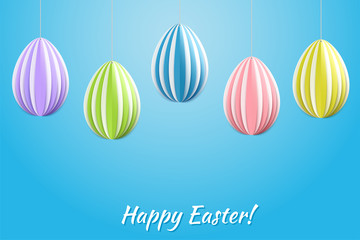 Vector Happy Easter Greeting Card with Color Paper Easter Eggs on Blue  Background