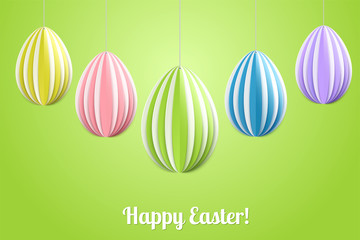 Vector Happy Easter Greeting Card with Color Paper Easter Eggs on Green  Background