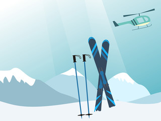 Mountains, helicopter and ski equipment in the snow. vector © yusa2